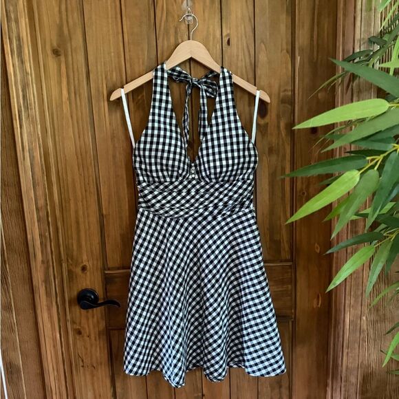 Robbie Bee Gingham Checkered Halter Dress in Black/White - Picture 1 of 8